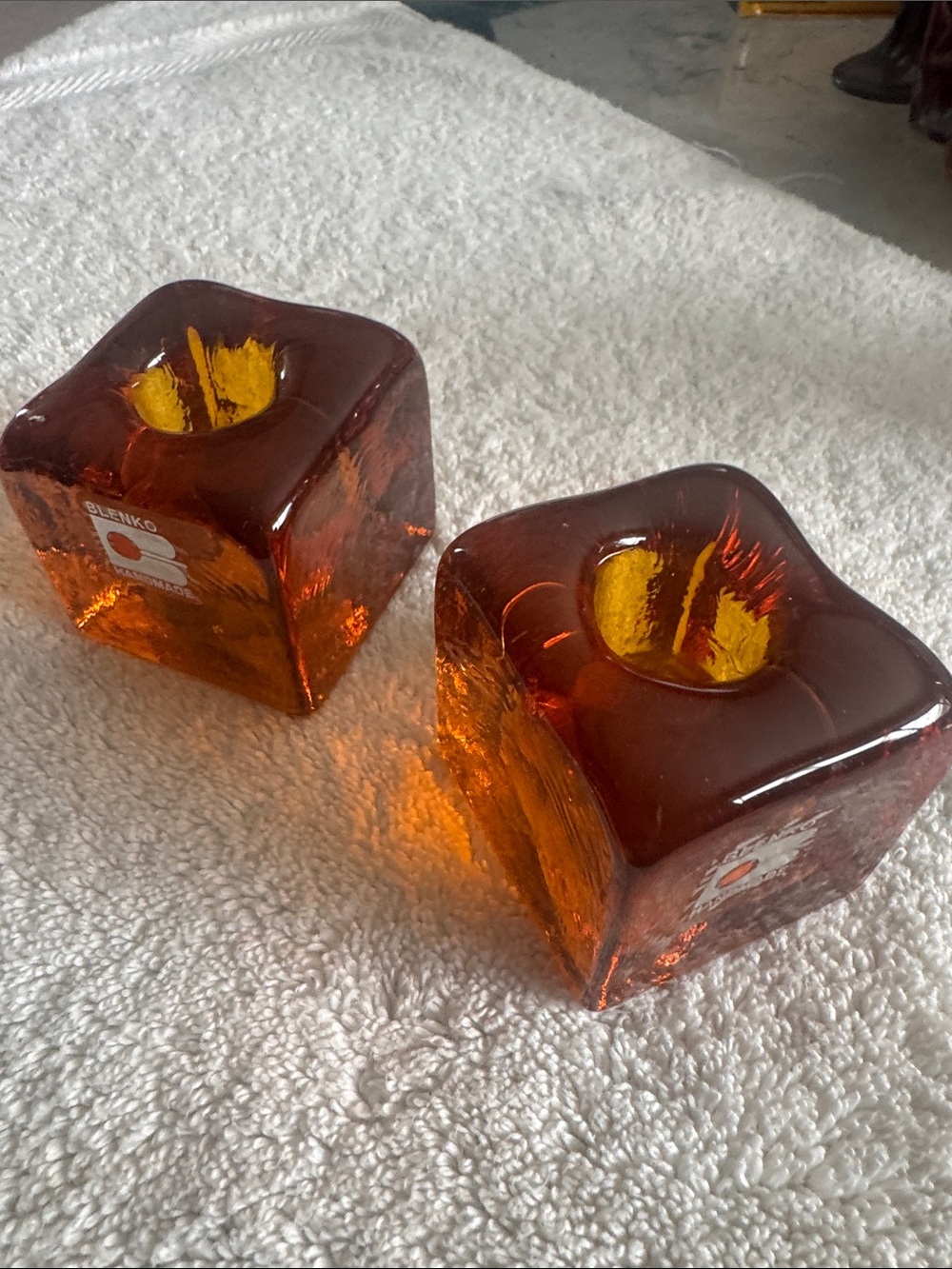 Blank Handmade Blown Glass Amber Ice Cube Candle Holders - set of 2